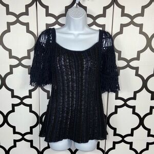 Free People Black Sequin Ruffled Blouse